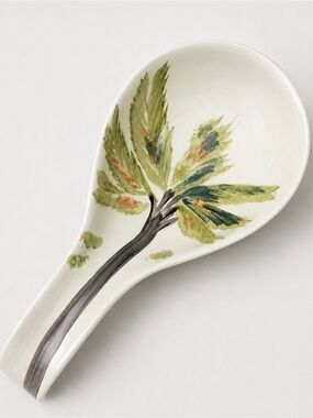Hand Painted Hand Crafted Botanical Tropical Ceramic Spoon Rest Green Leaves